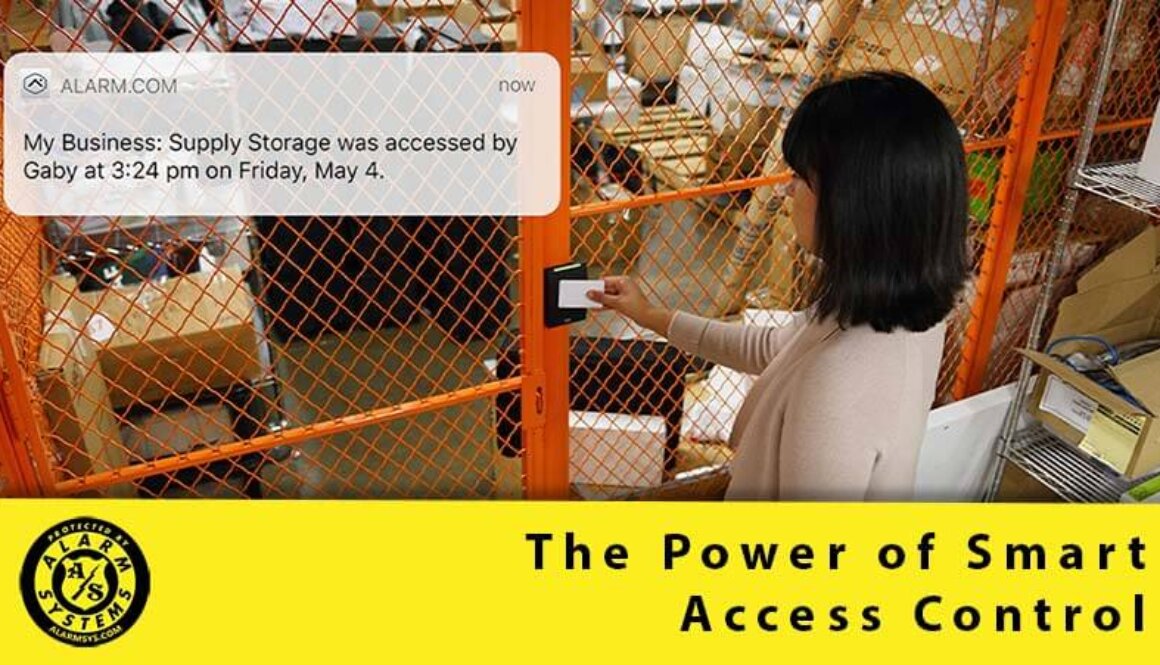 The Power of Access Control feature: A woman opens the secure area with a keycard, generating a notification