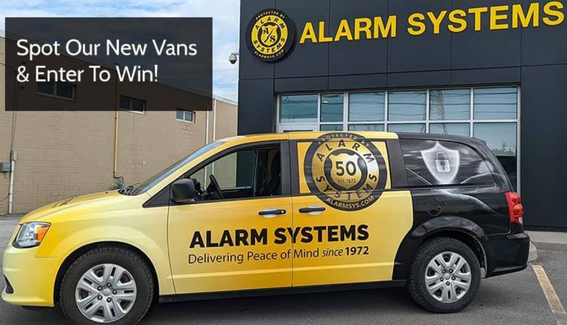 Feature Image-spot the van. Alarm Systems 50th anniversary van parked outside our Belleville Building