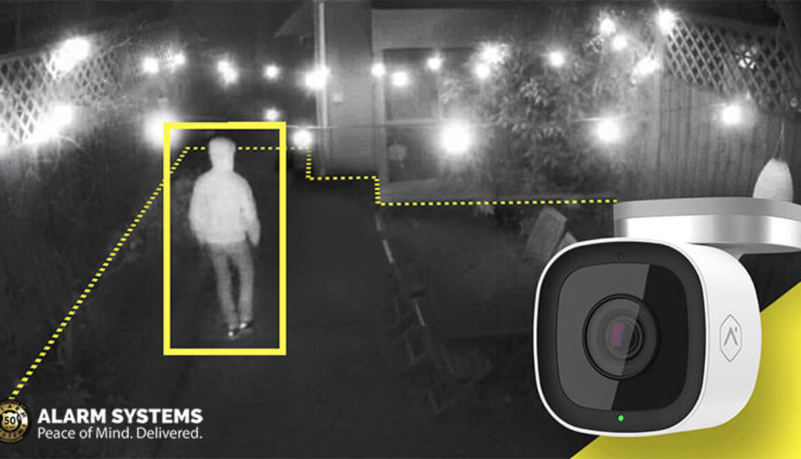 Smart security camera with video analytics identifying someone in a backyard