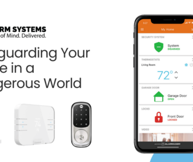 feature image for home security blog showing secuirty devices (Camera, thermostat, lock, and app)